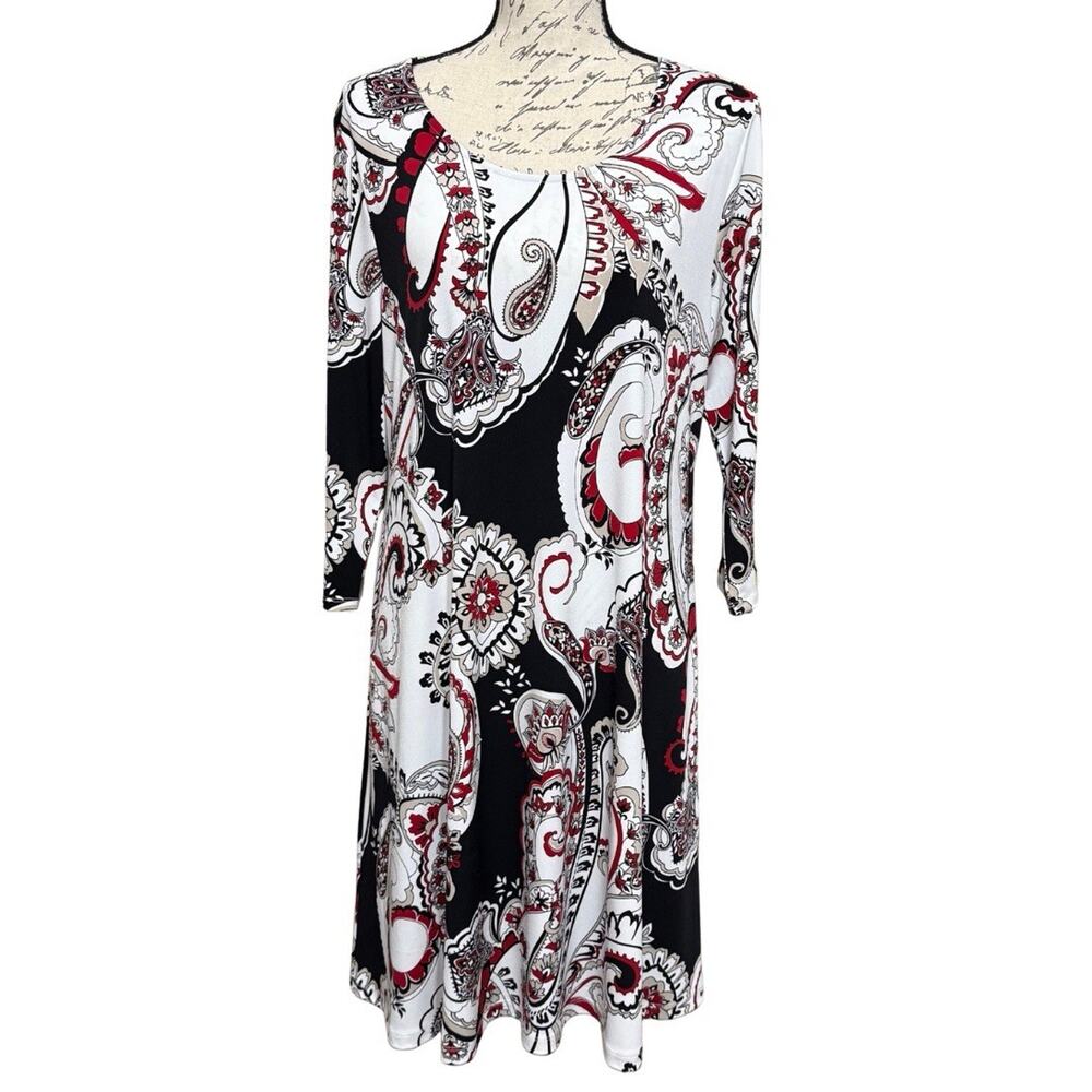 Chico’s Trapeze Slinky Knit Dress Size 1 M Black White Red Paisley Stretch NEW